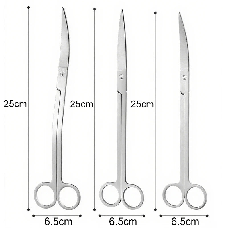 Three pairs of scissors with measurements on a white background