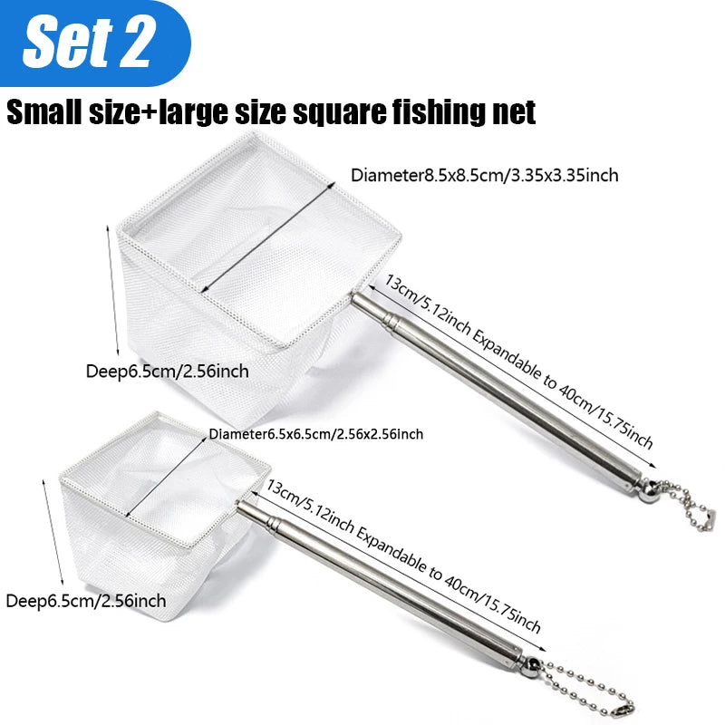 Two square fishing nets with metal handles and chain loops on a white background, labeled with dimensions and the text 'Set 2 Small size+large size square fishing net'.