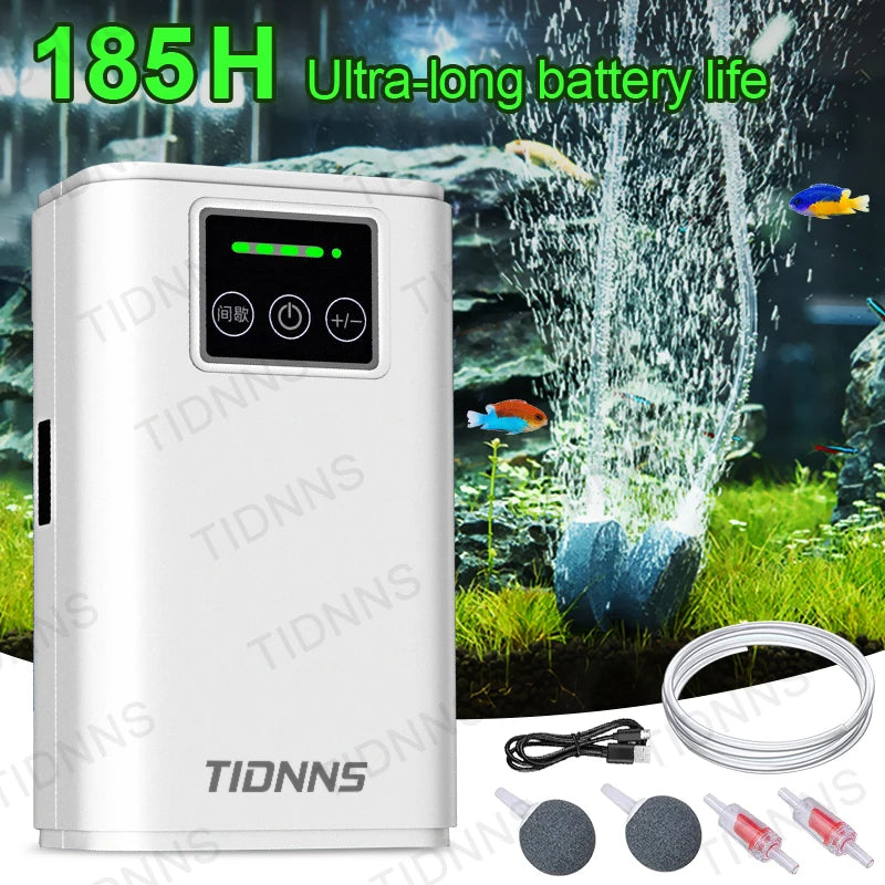 Aquarium air pump with accessories on a background of an aquarium scene, featuring TIDNNS branding.
