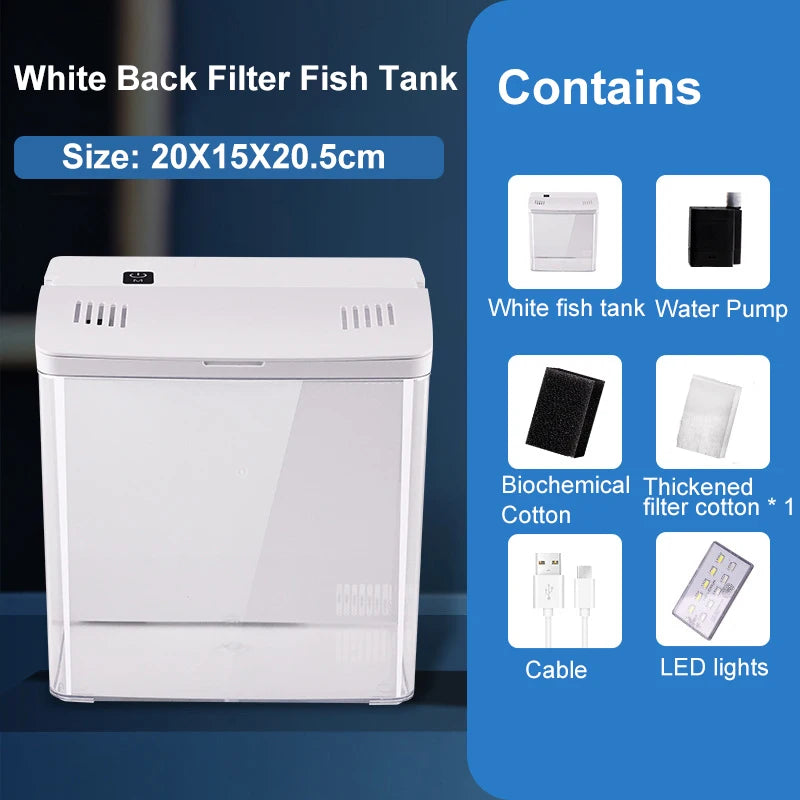 White back filter fish tank with specifications and included items on a blue background