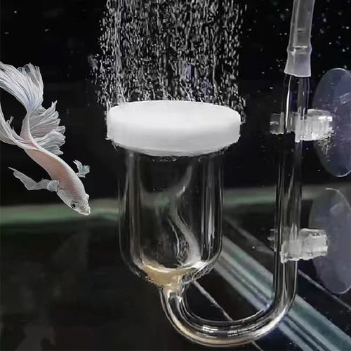Clear aquarium filter with bubbles and a fish swimming in the background