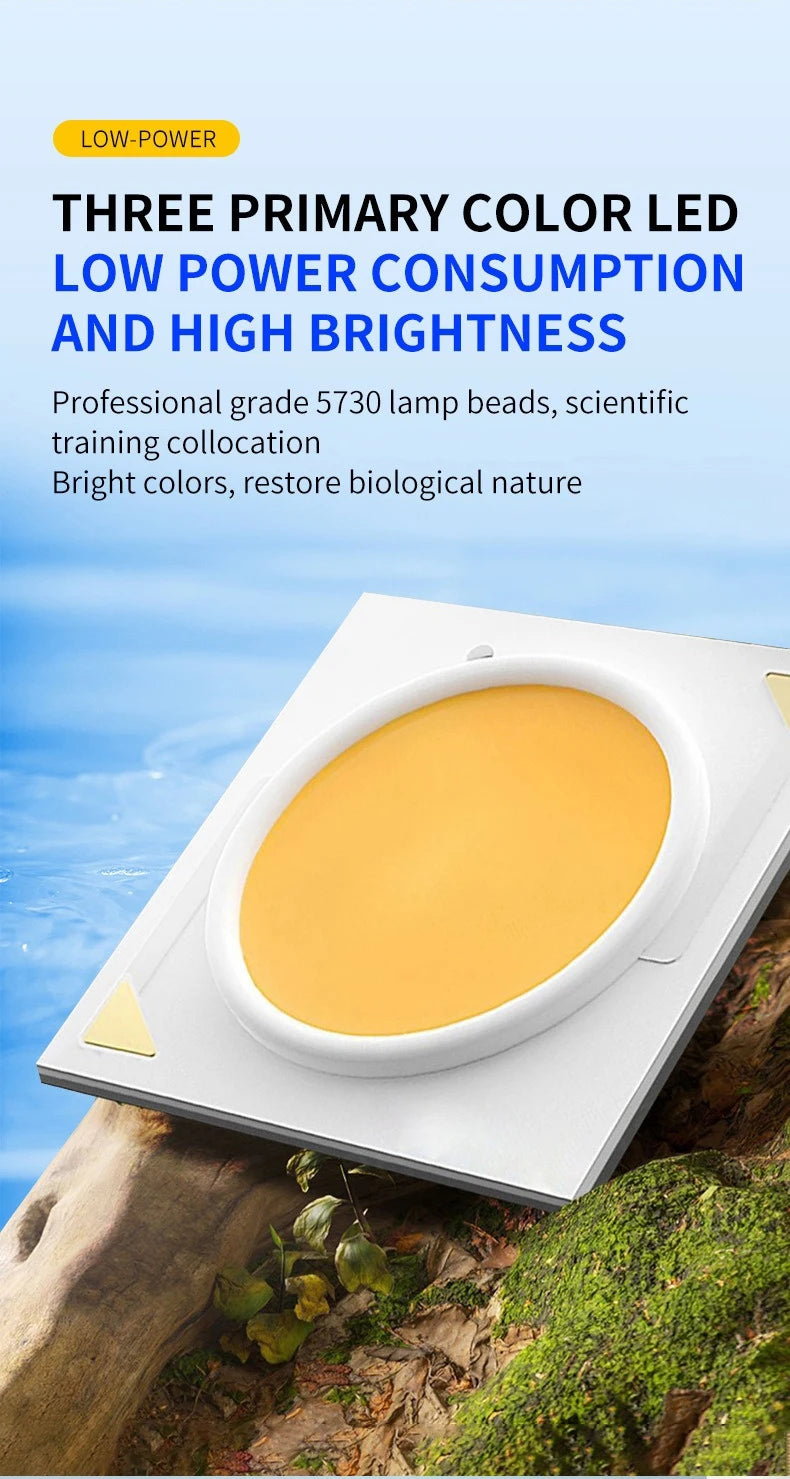 A square white LED light fixture with a large circular yellow-orange light panel, shown resting on a mossy log against a blue sky background. Prominent text at the top reads 'THREE PRIMARY COLOR LED LOW POWER CONSUMPTION AND HIGH BRIGHTNESS' with additional descriptive copy.