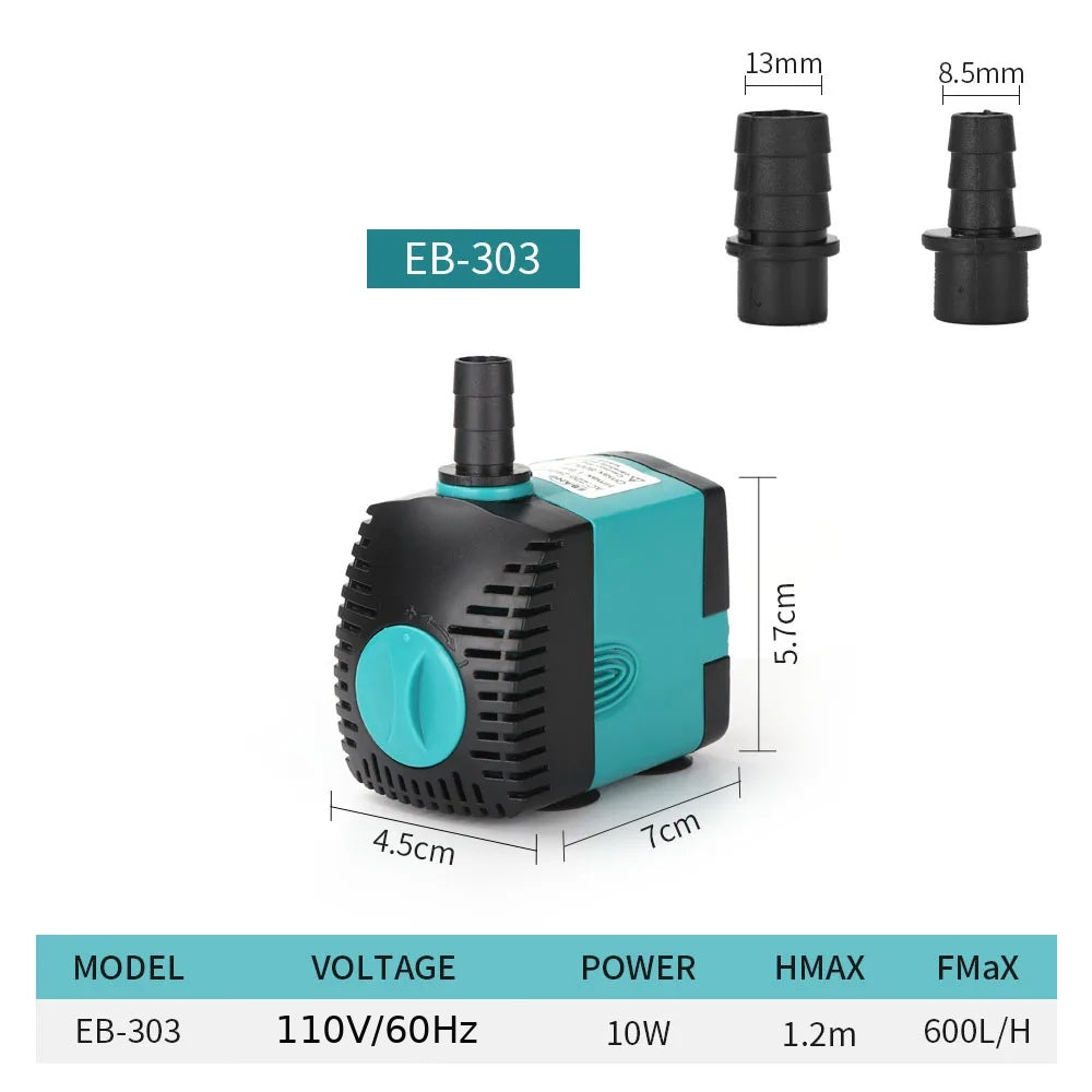 EB-303 submersible water pump spec sheet — 10W, 110V/60Hz, 1.2m max head, 600L/H flow rate, dimensions 4.5×7×5.7cm, includes 13mm and 8.5mm fittings

