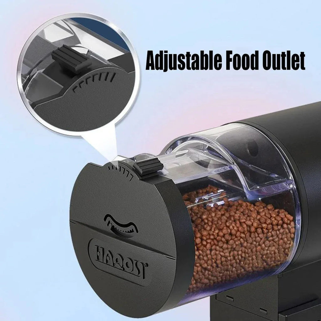 Dog food dispenser with adjustable food outlet on a light blue background