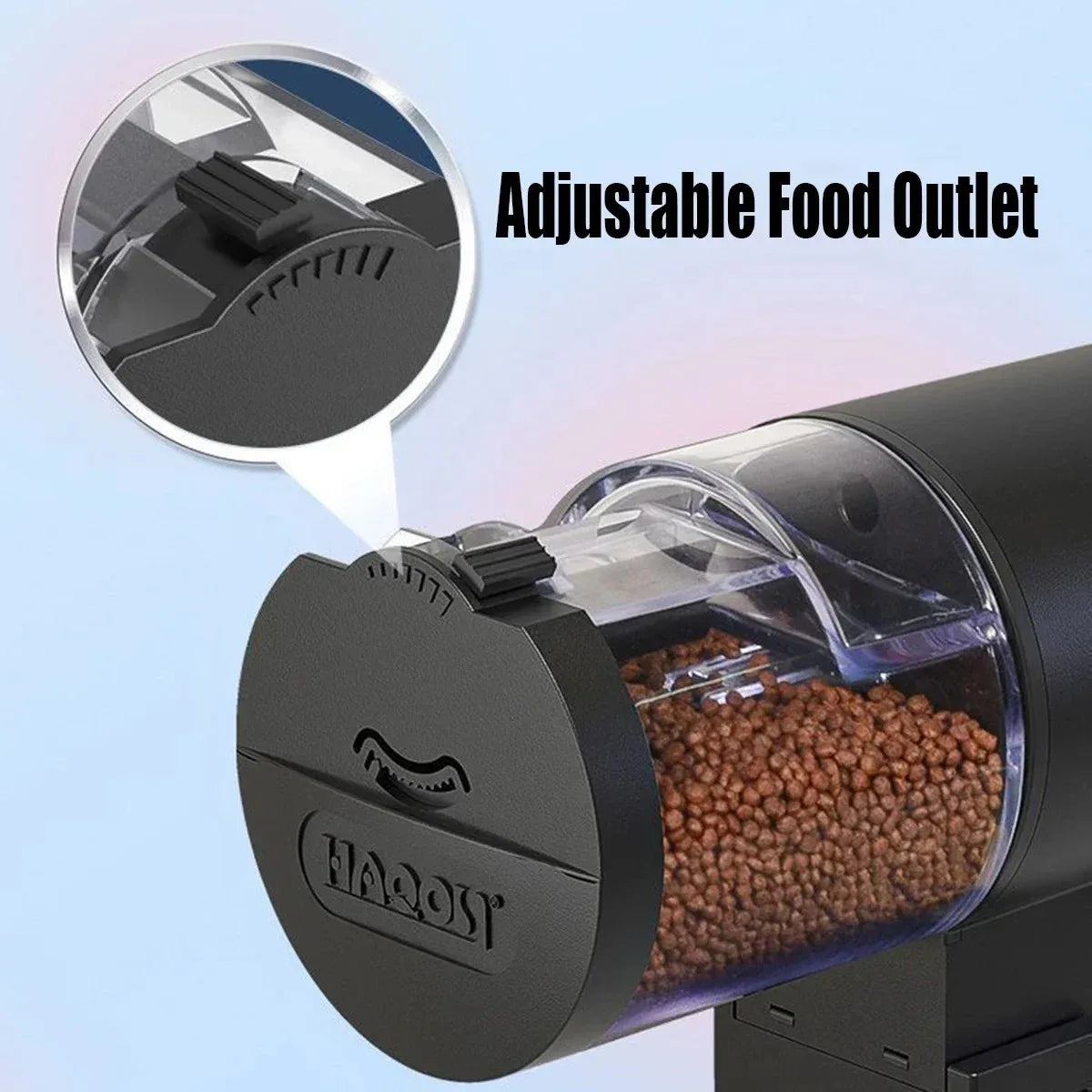 Dog food dispenser with adjustable food outlet on a light blue background