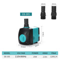 EB-305 submersible water pump spec sheet — 25W, 110V/60Hz, 2.0m max head, 1200L/H flow rate, dimensions 6.5×10×7.5cm, includes 16mm and 19mm fittings