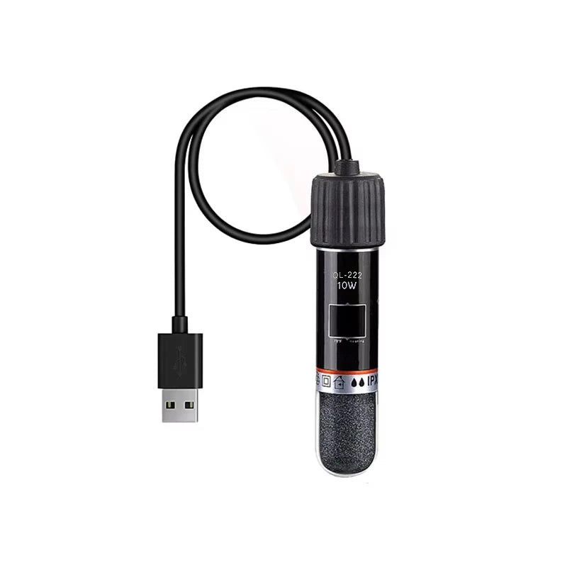 Black electronic device with USB cable on a white background
