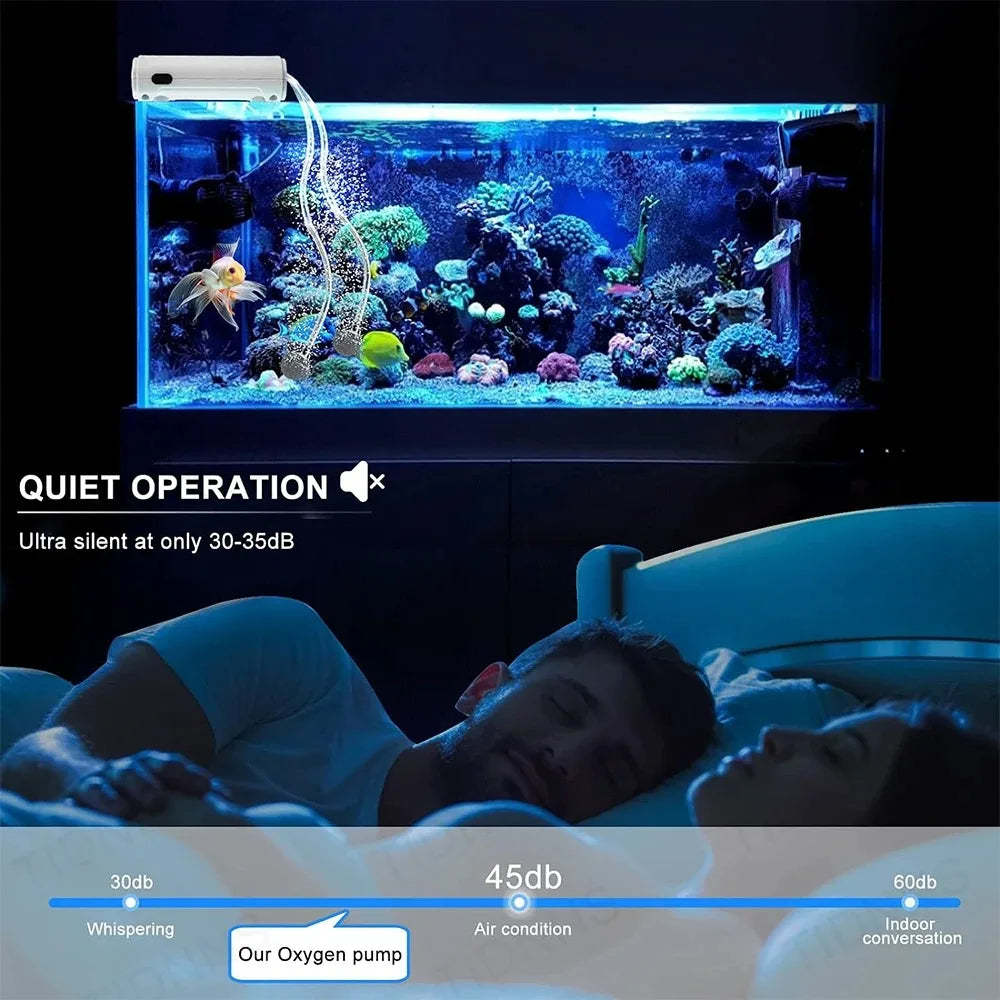 A person lying in bed with a large aquarium in the background, emphasizing quiet operation.