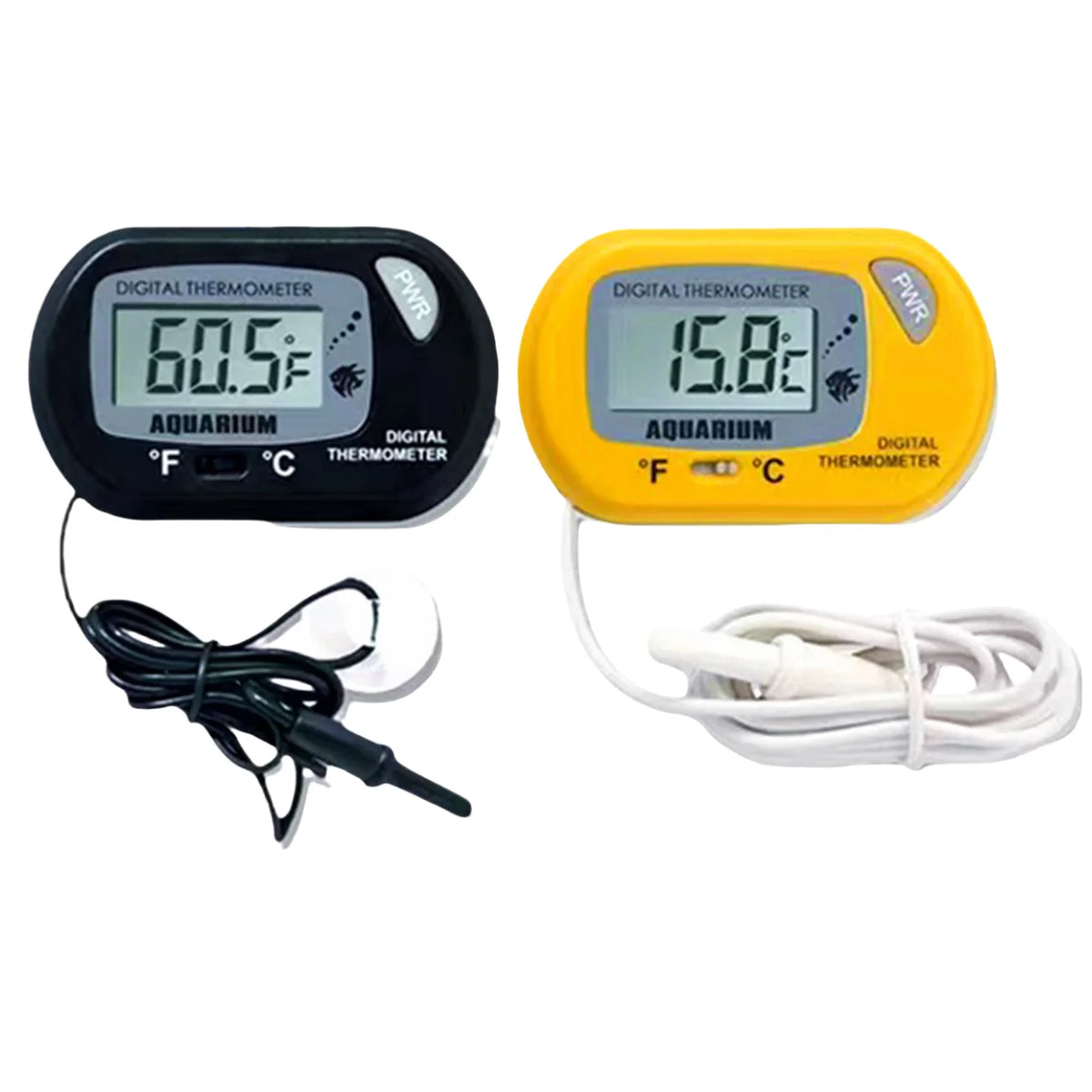 Two digital aquarium thermometers, one black and one yellow, on a white background.