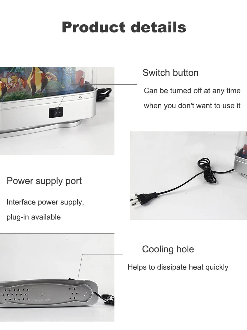 Product details of an electronic device with switch button, power supply port, and cooling hole on a white background.