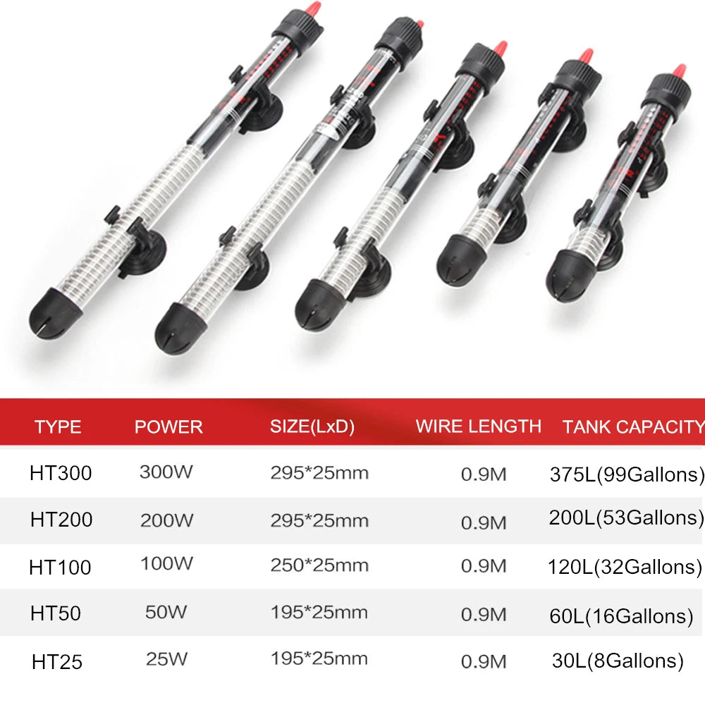Set of five aquarium heaters with specifications table below on a white background