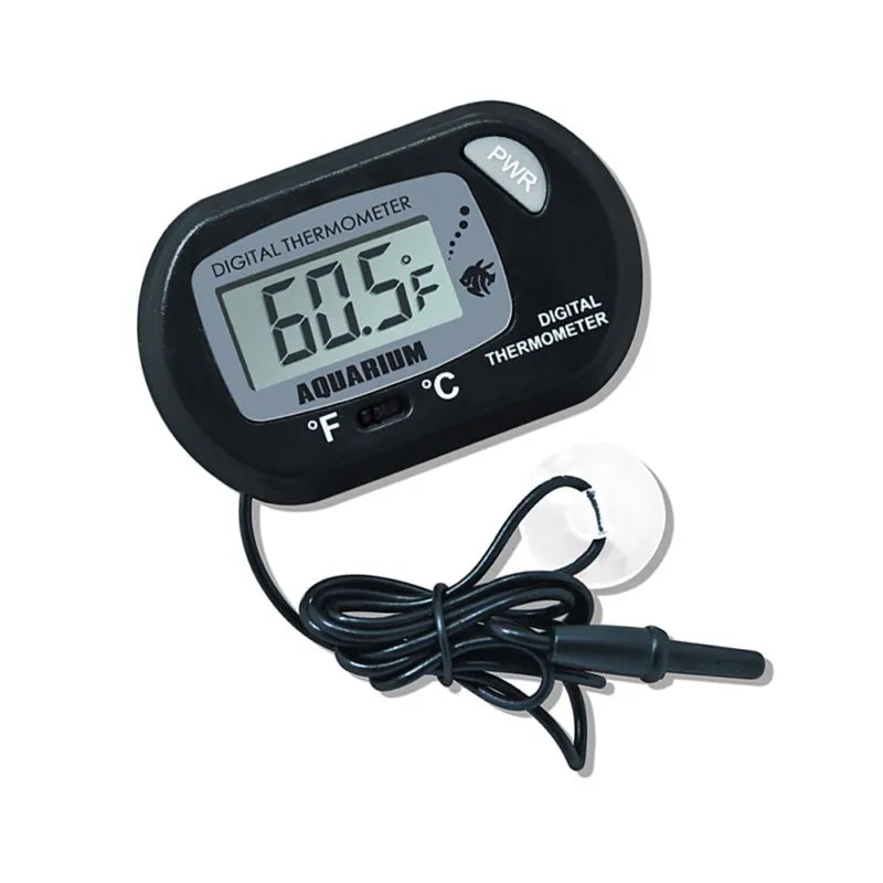 Digital aquarium thermometer with probe on a white background