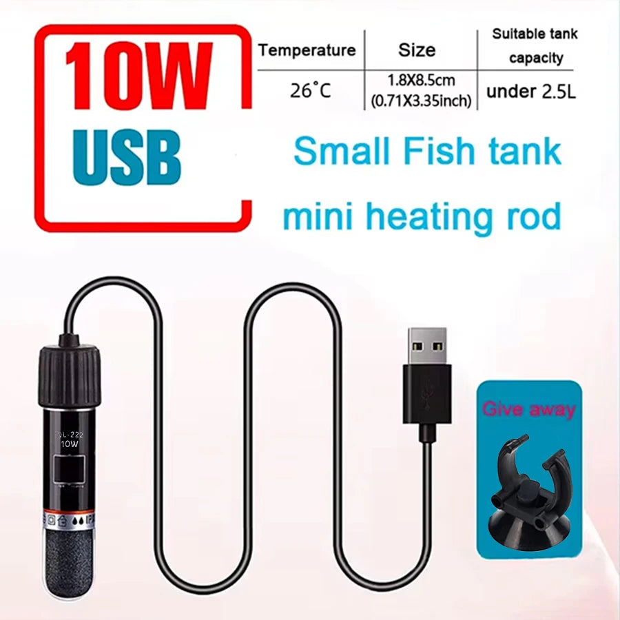 10W USB mini heating rod for small fish tanks with specifications on a white background