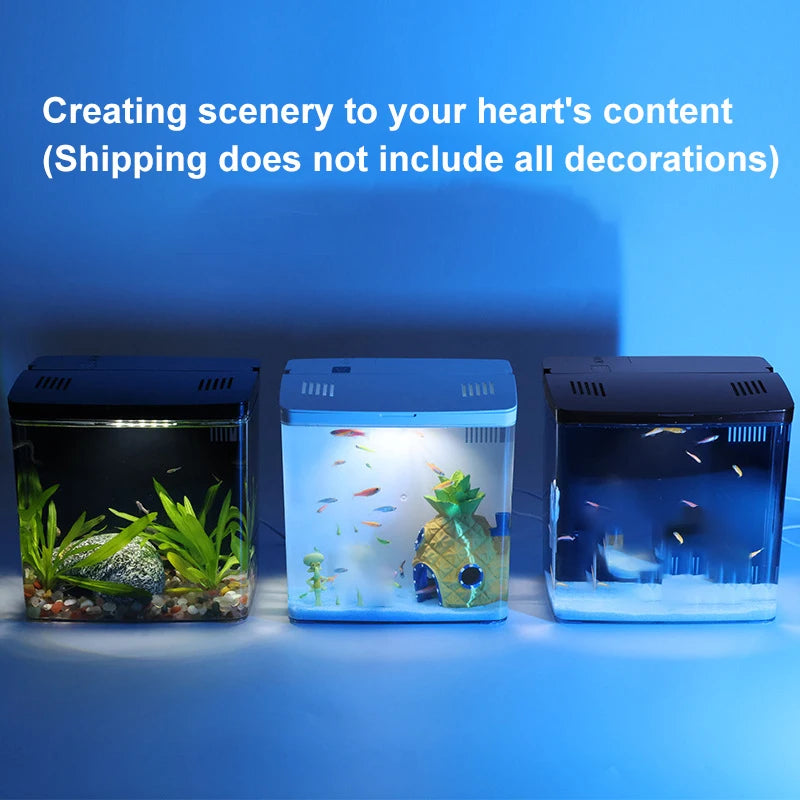 Three small aquariums with fish and decorations on a blue background