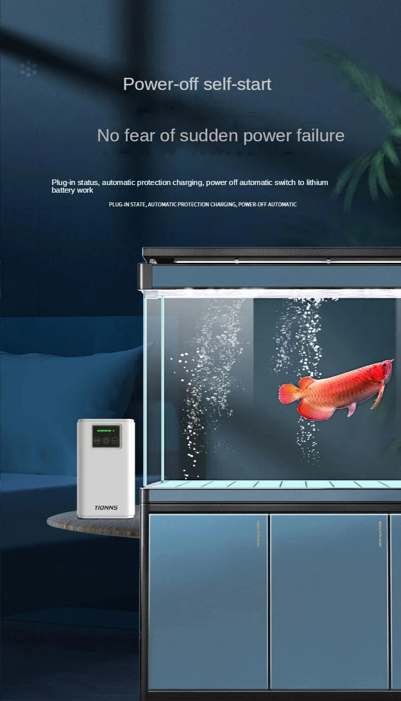 Fish tank with a power strip labeled 'Power-off self-start' on a dark blue background.