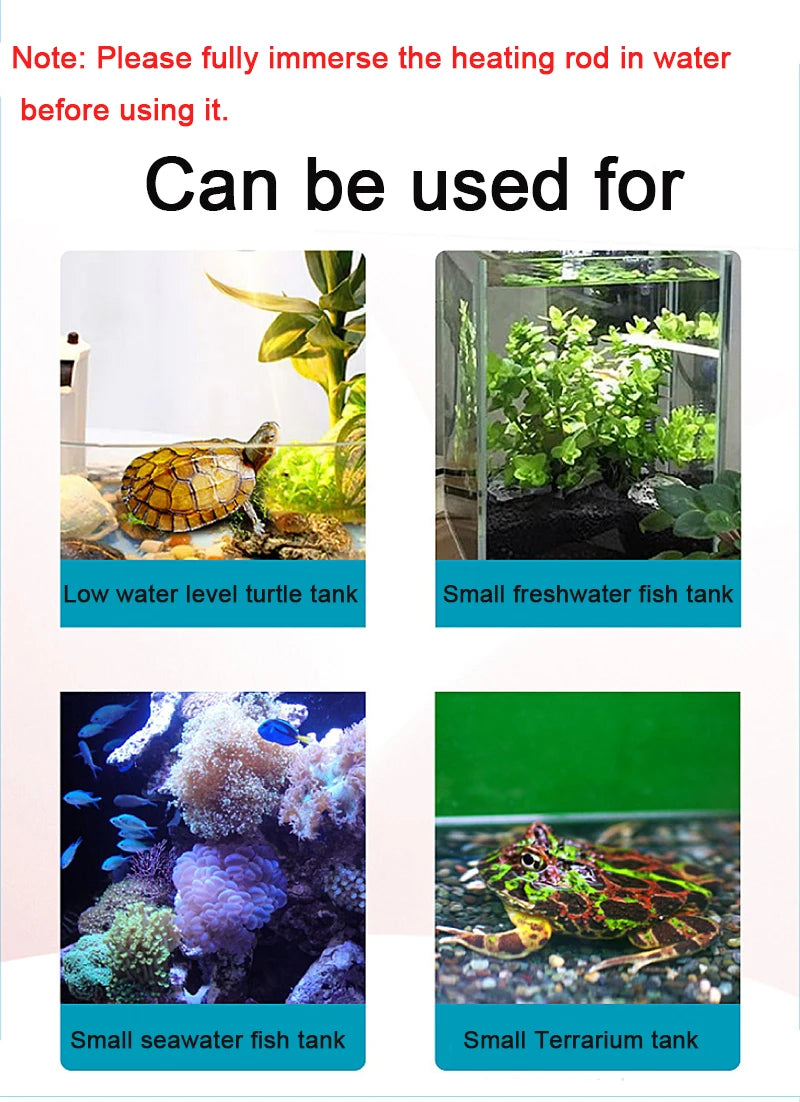 Product description card with images of different tanks and text about using a heating rod.