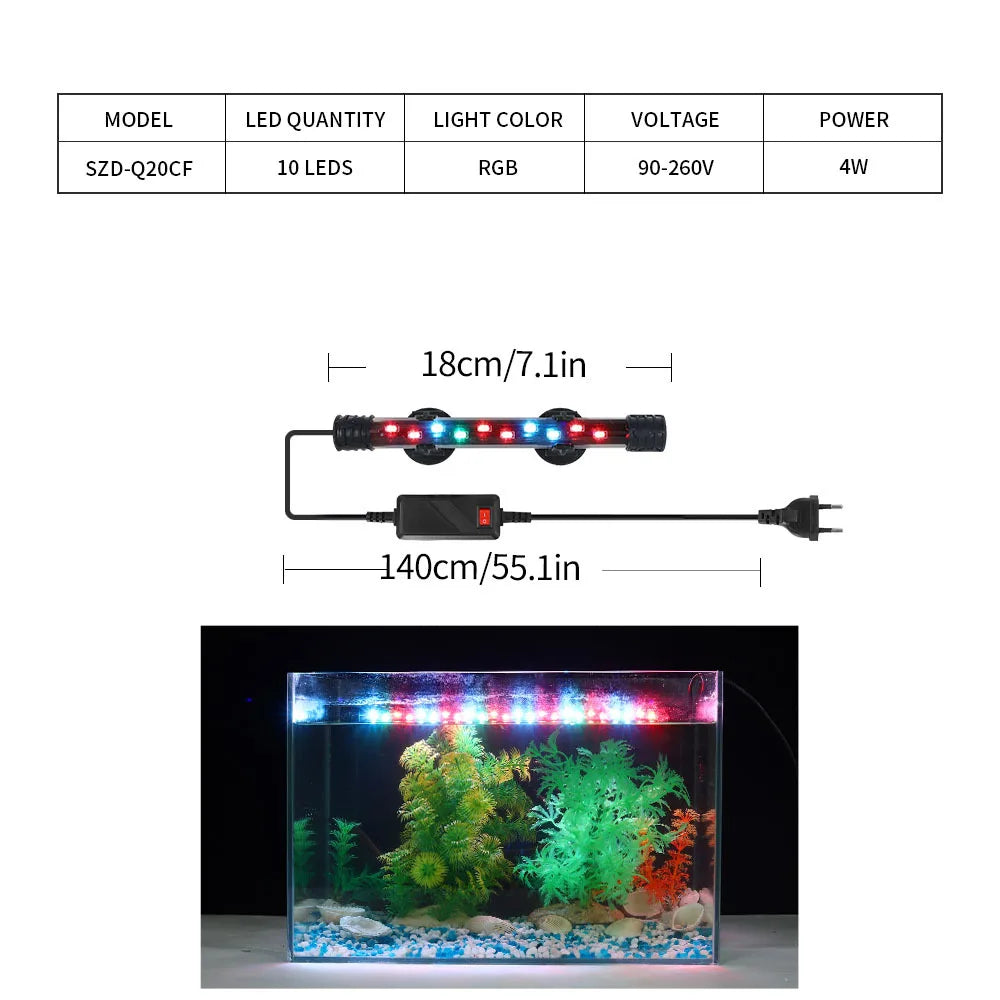 Aquarium LED light with specifications and installation diagram on a white background