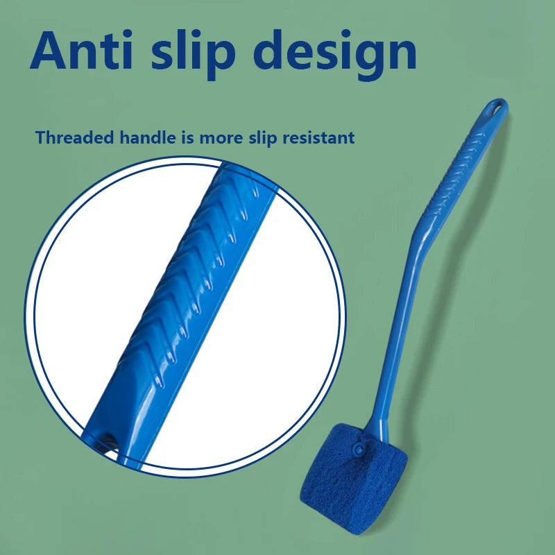 Blue scrub brush with threaded handle on a green background, highlighting anti-slip design.