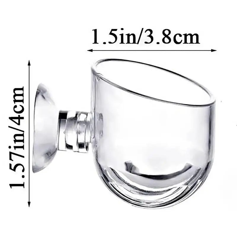 Clear glass cup with dimensions labeled on a white background