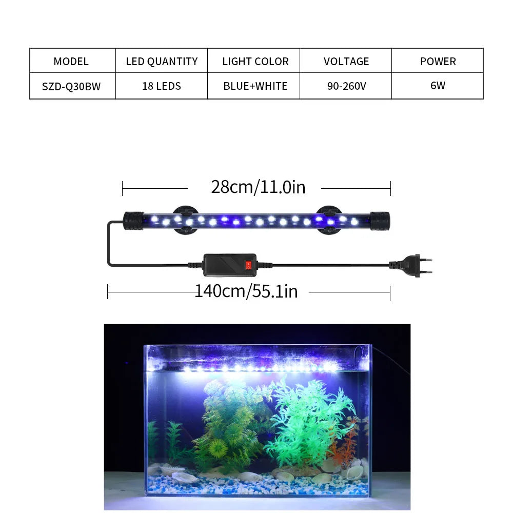 Aquarium light with specifications and dimensions, shown with an aquarium setup.
