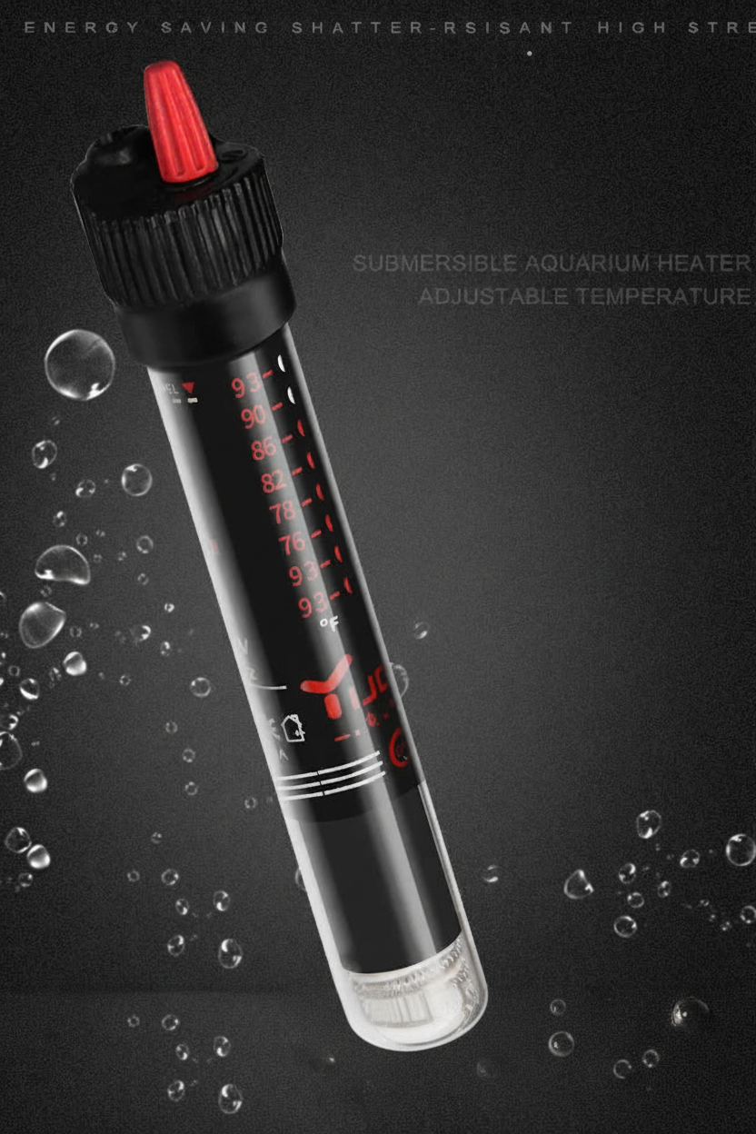 Submersible aquarium heater hero shot — dramatic close-up on dark background with water droplets, energy saving shatter-resistant high strength text, adjustable temperature dial with red indicator tip