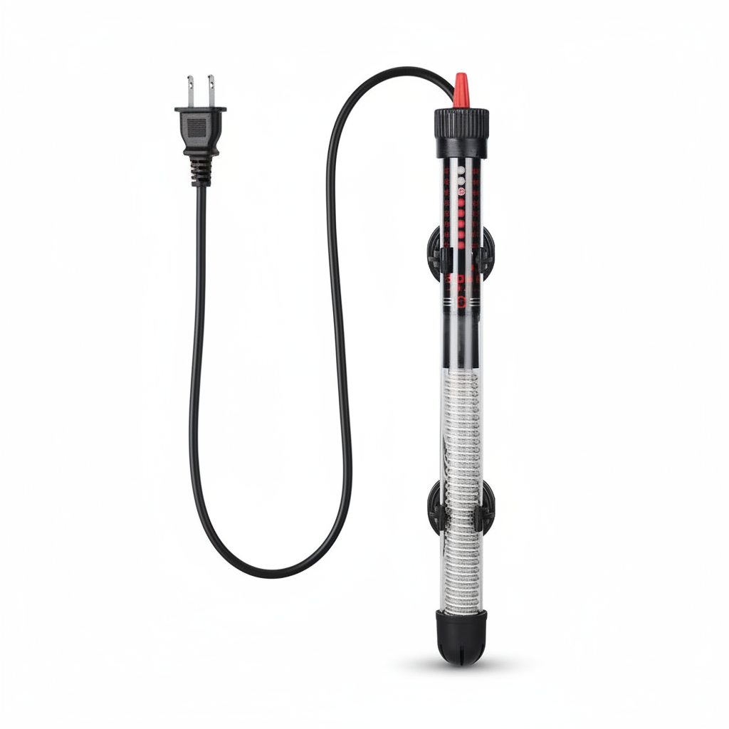 Submersible aquarium heater with US plug — clear glass tube, adjustable temperature dial, and black suction cup clips on white background