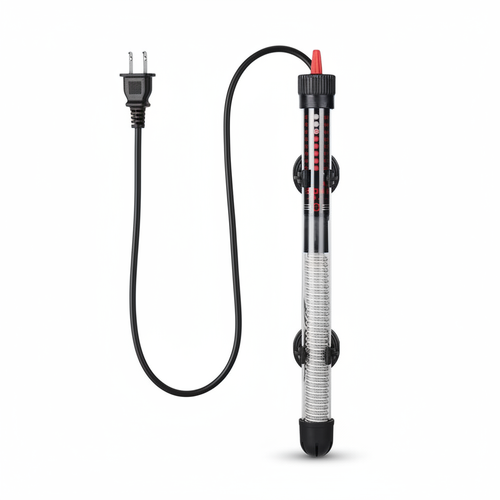 Submersible aquarium heater with US plug — clear glass tube, adjustable temperature dial, and black suction cup clips on white background