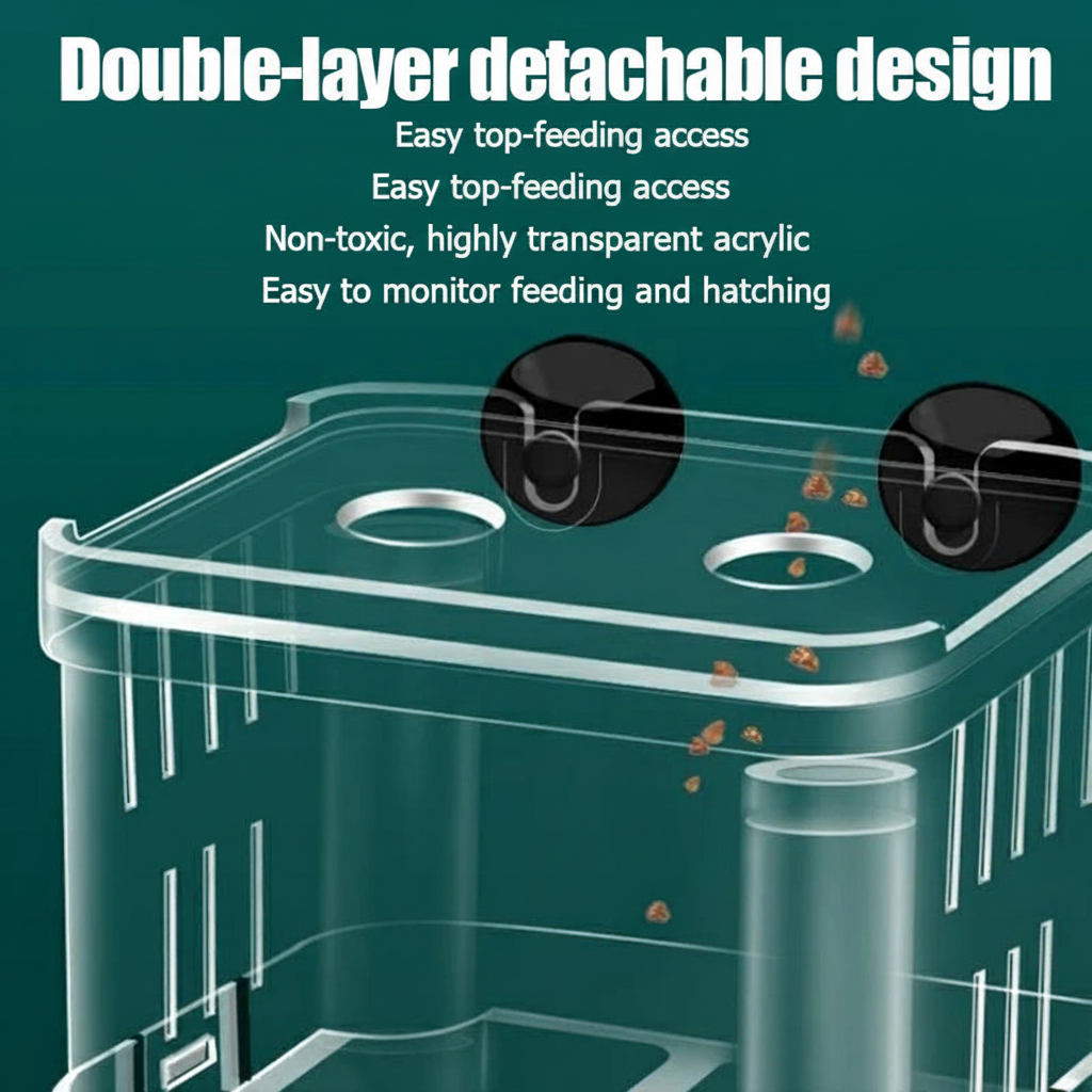 A transparent acrylic fish tank with a double-layer detachable design, shown on a dark teal background with marketing text highlighting easy top feeding, transparency, and monitoring.