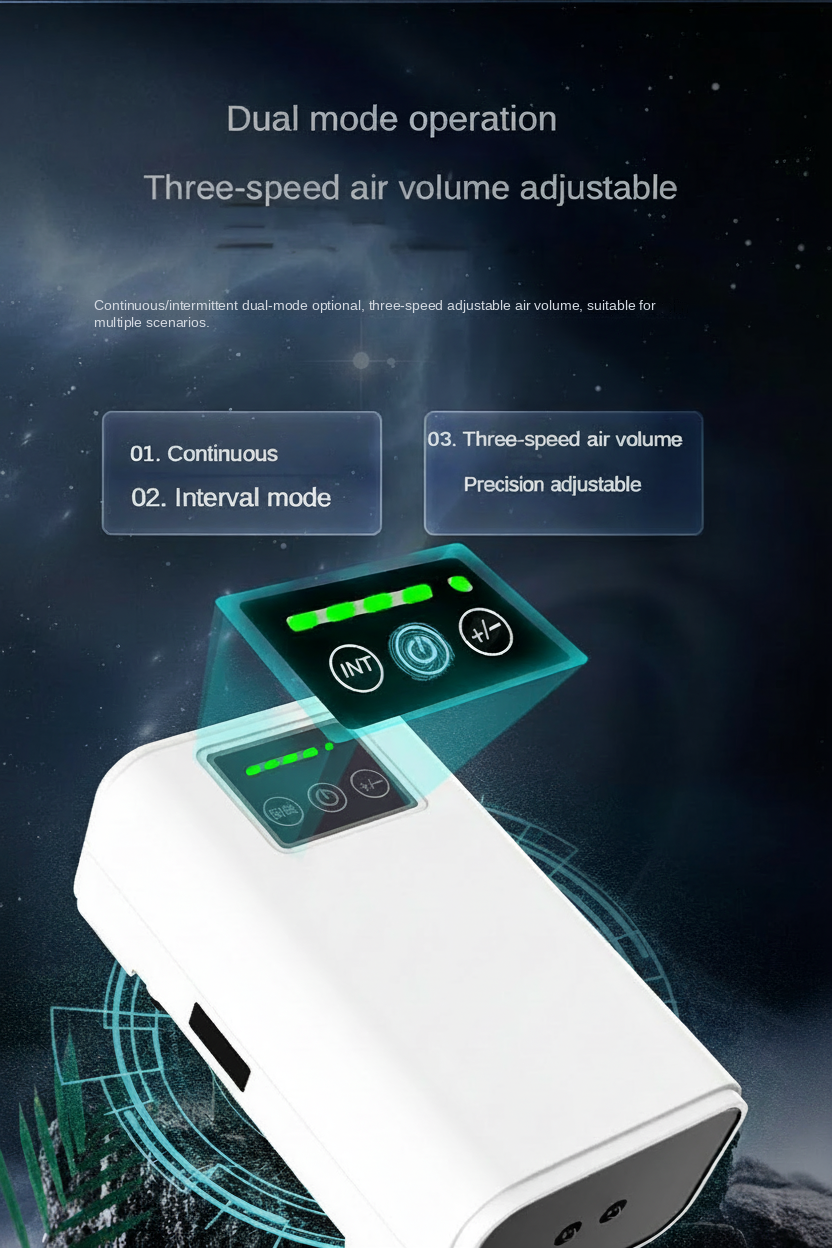 A white portable electronic device with a digital display showing green and blue interface graphics, set against a dark starry background with text describing dual mode operation and adjustable air volume.