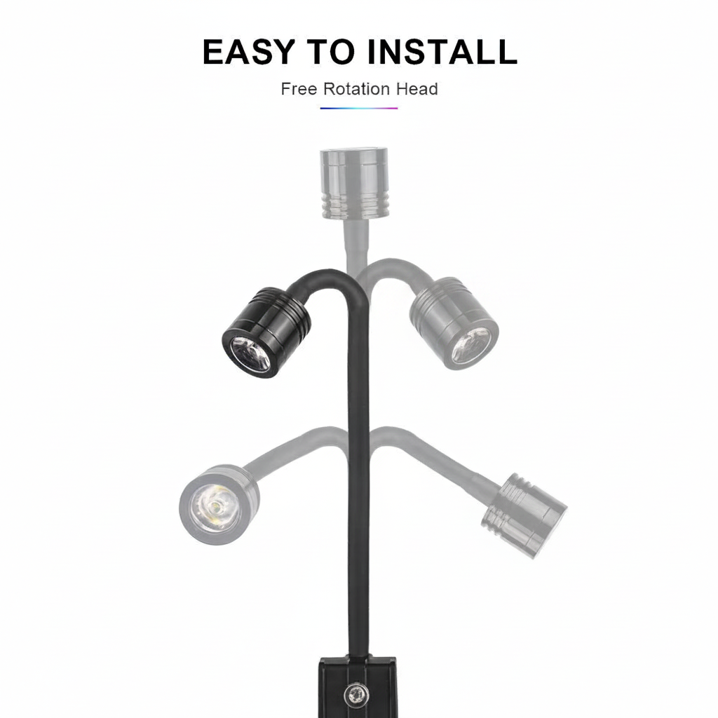 Clip-on reading lamp with a single adjustable gooseneck arm bent to show full range of directional flexibility.