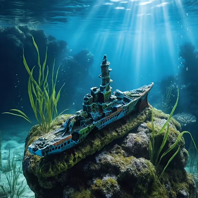 Model ship on a rock with underwater plants and sunlight filtering through water