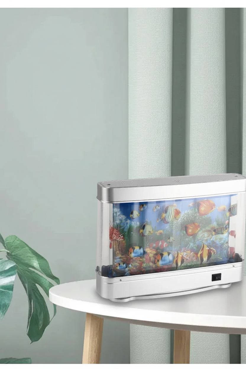 Virtual ocean night light on a white side table with sage green curtains and monstera plant in background