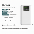 A white rectangular electronic device with a black control panel and green indicator lights, shown on a light gray background with product specs and icons. The text reads 'TD-100A With Internim Mode & Hook Clip' and lists power, air volume, battery, and waterproof details.