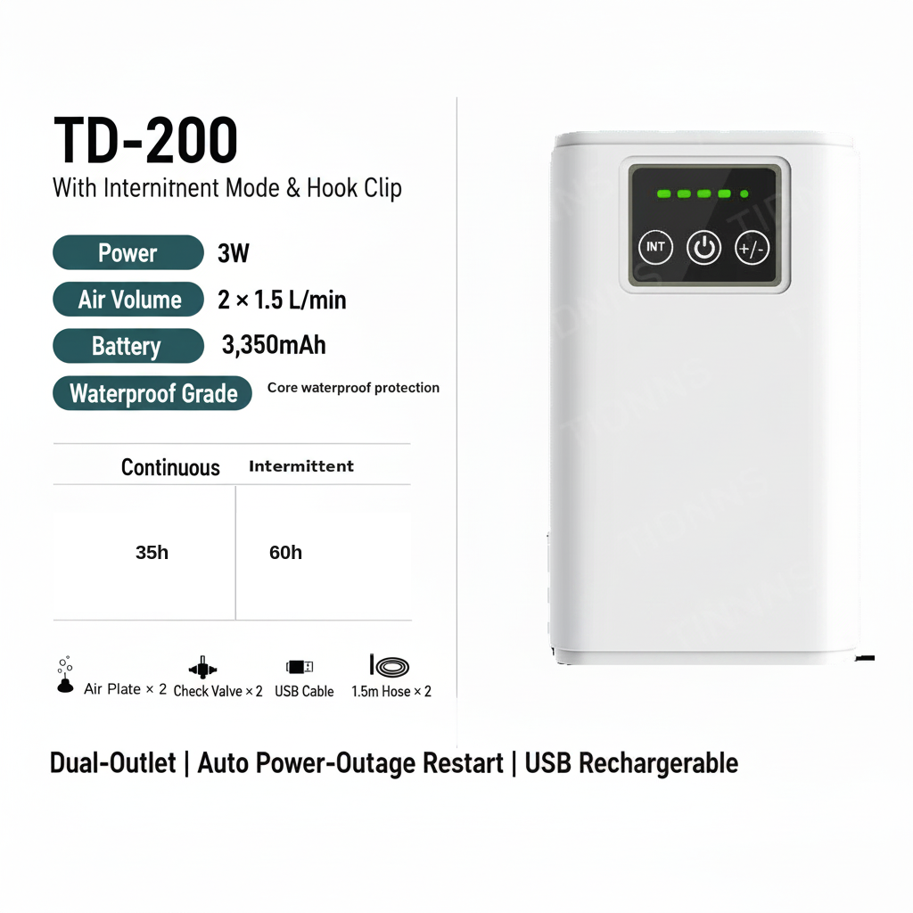 White TD-200 dual-output portable power station with a digital control panel, shown alongside key specifications and features on a white background.