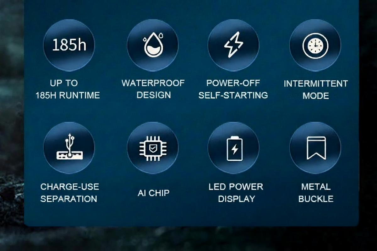 TIDNNS TD-300 aquarium air pump features: up to 185H runtime, waterproof design, power-off self-starting, intermittent mode, charge-use separation, AI chip, LED power display, metal buckle