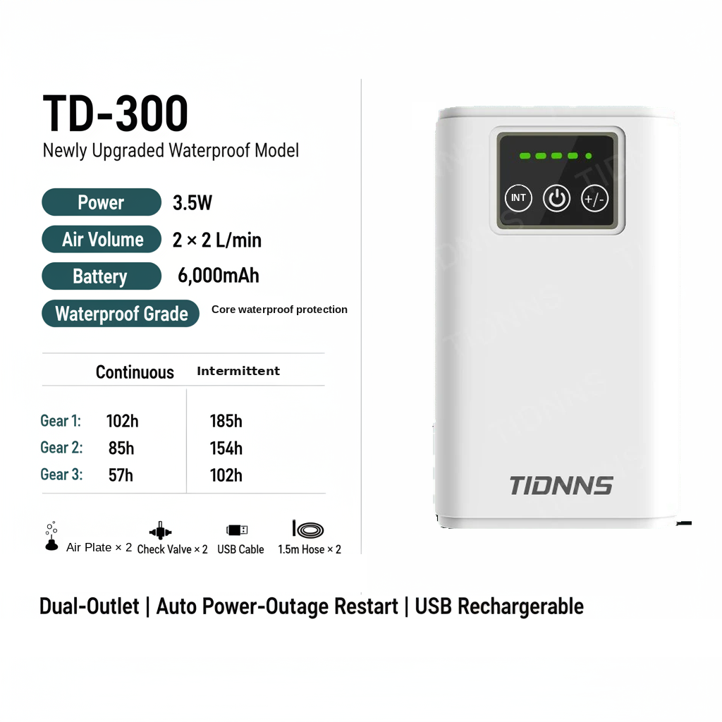 A white TIDNNS TD-300 portable power station with a digital display showing green battery bars, set against a clean white background with product specifications and feature icons printed on the left.